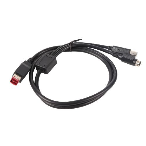 Black 24v Powered USB Y cable with connectors on a white background